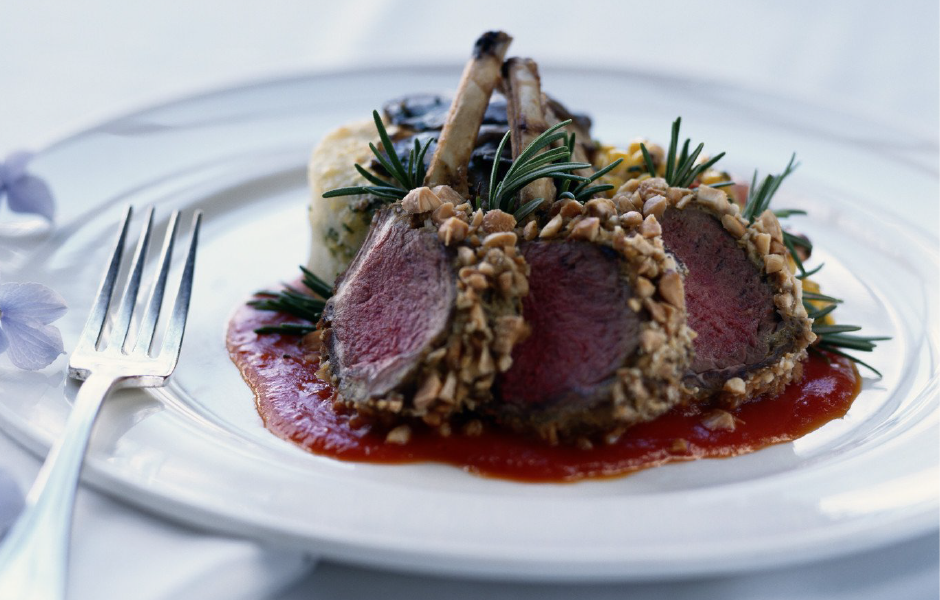 Pistachio Crusted Lamb Loin Chops with Cran-Pear Blueberry Glaze