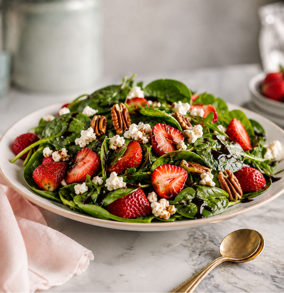 Roasted Strawberry Spinach Salad with Feta & Pecans
