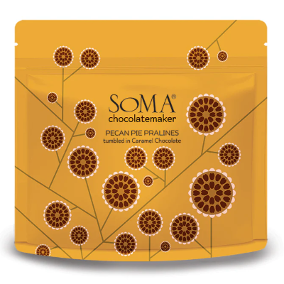 Soma Chocolatemaker pecan pie pralines tumbled in caramel chocolate at Della Terra